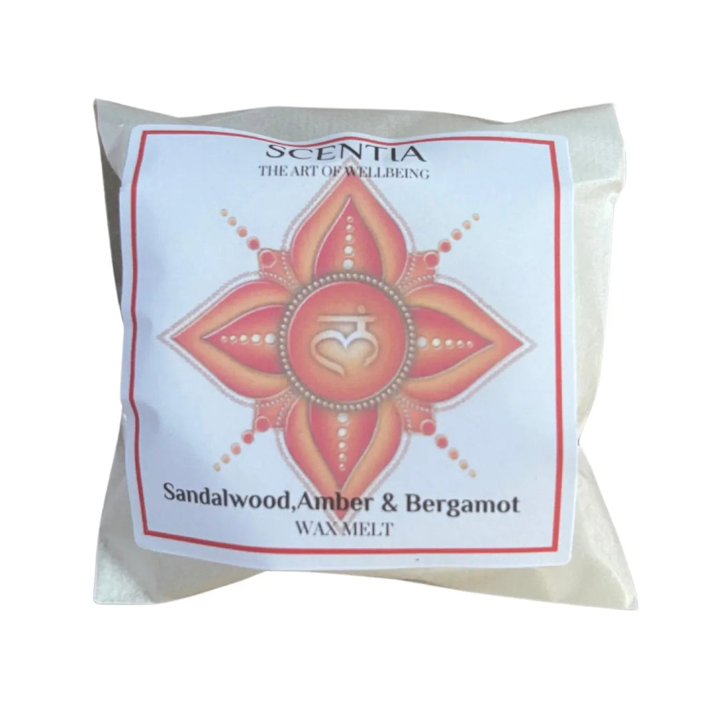 Scentia sandalwood, amber & bergamot wax melt packaging on a white background