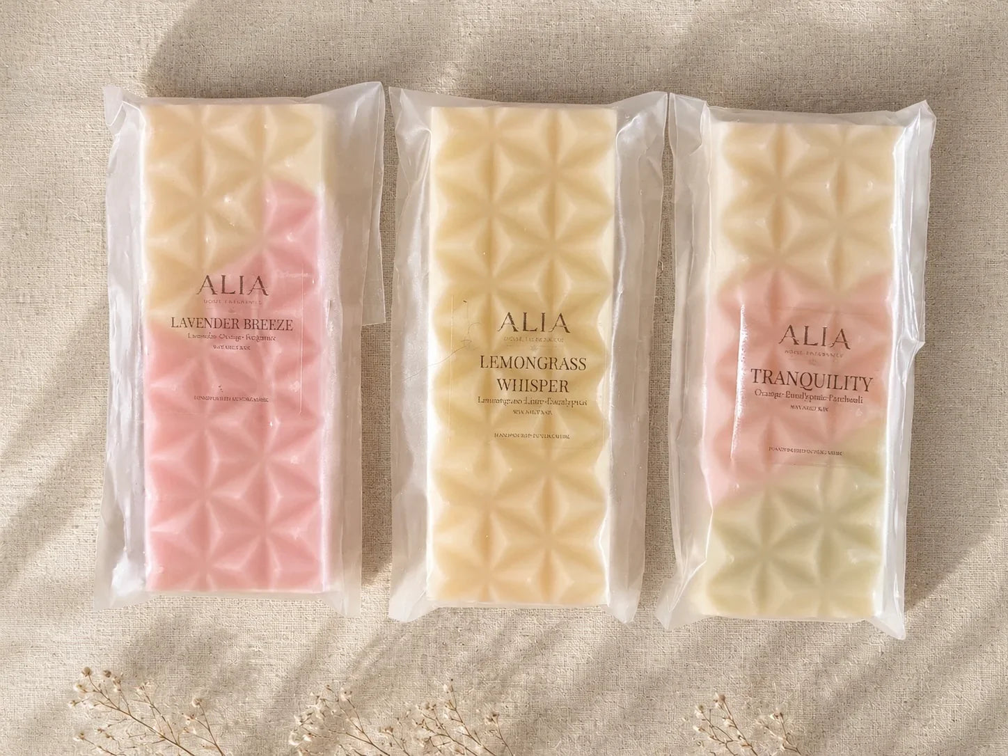 3 pack of highly fragranced, relaxing spa like fragrance hand poured wax melt bars with long lasting fragrance