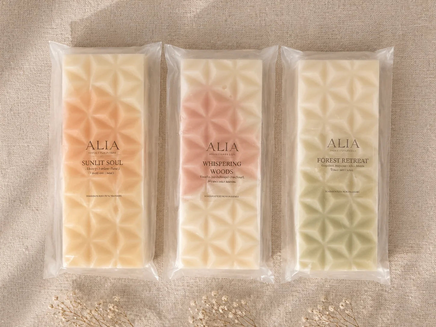 a giftset of 3 highly fragranced woody and fresh hand poured wax melt bars with long lasting fragrance