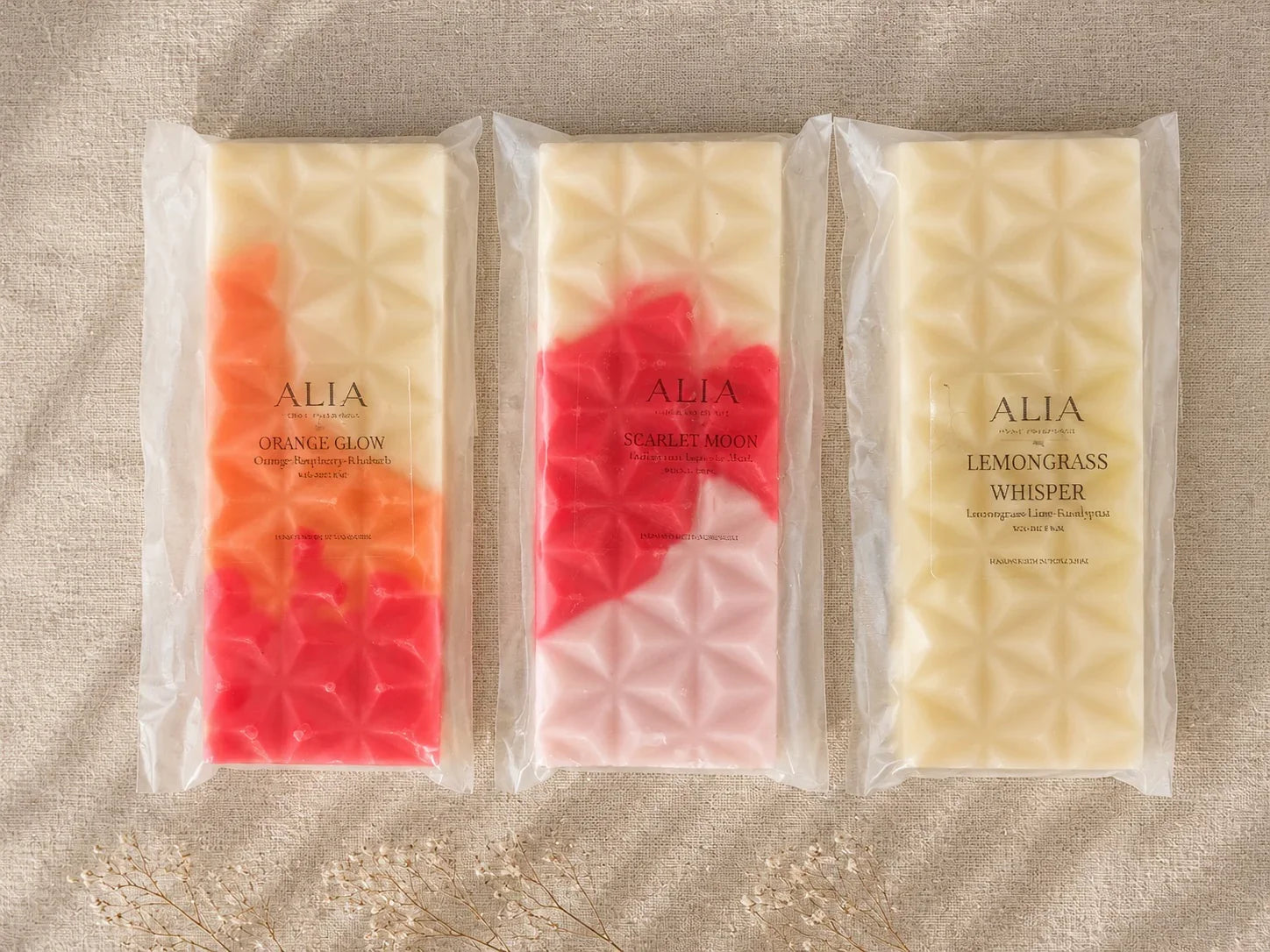 3 pack of highly fragranced fruity hand poured wax melt bars with long lasting fragrance