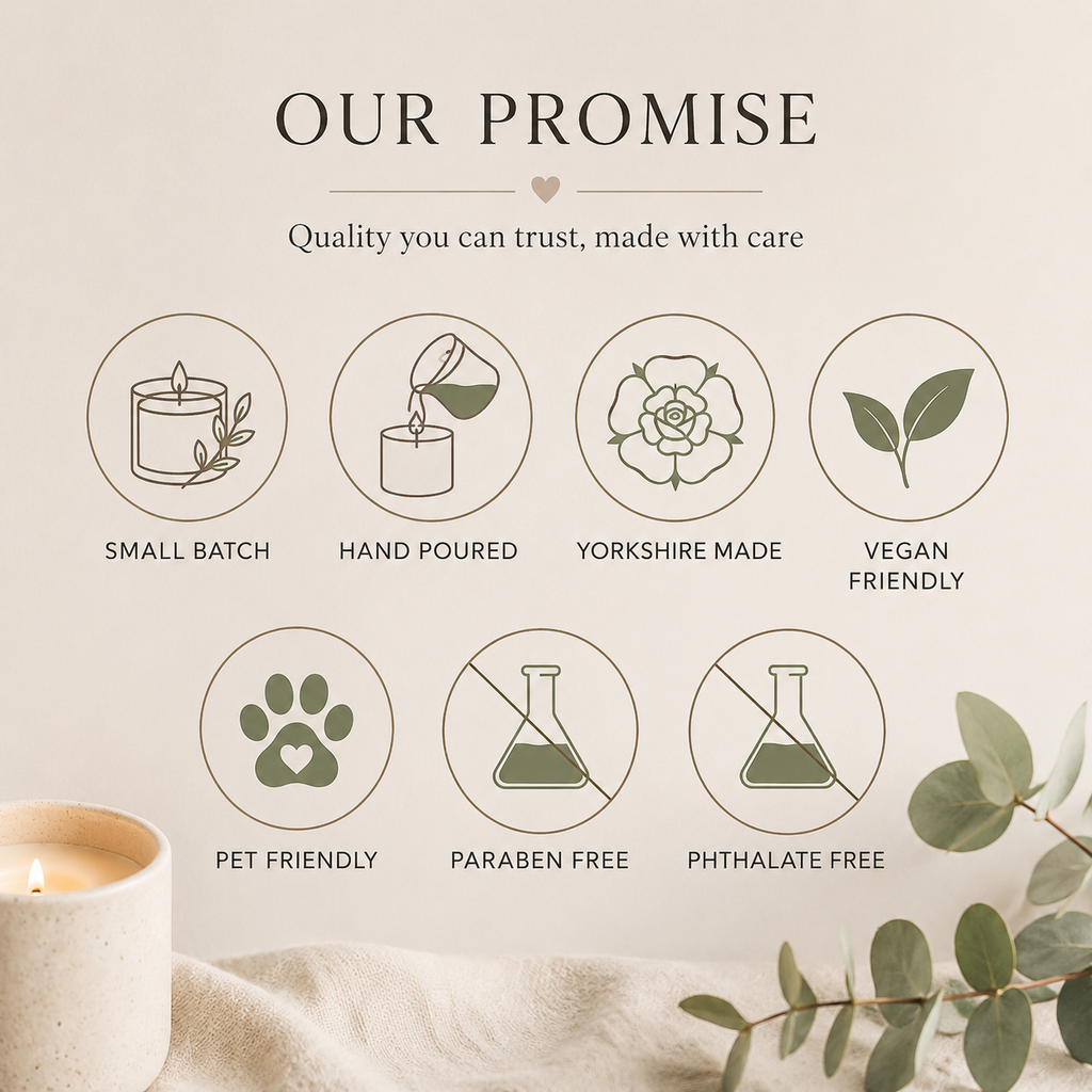 Our Promise brand values graphic featuring natural neutral tones and botanical accents. Icons highlight key product benefits including small batch, hand poured, Yorkshire made, vegan friendly, pet friendly, paraben free, and phthalate free. Decorative candle, soft fabric, and eucalyptus leaves create a calming home fragrance aesthetic.”