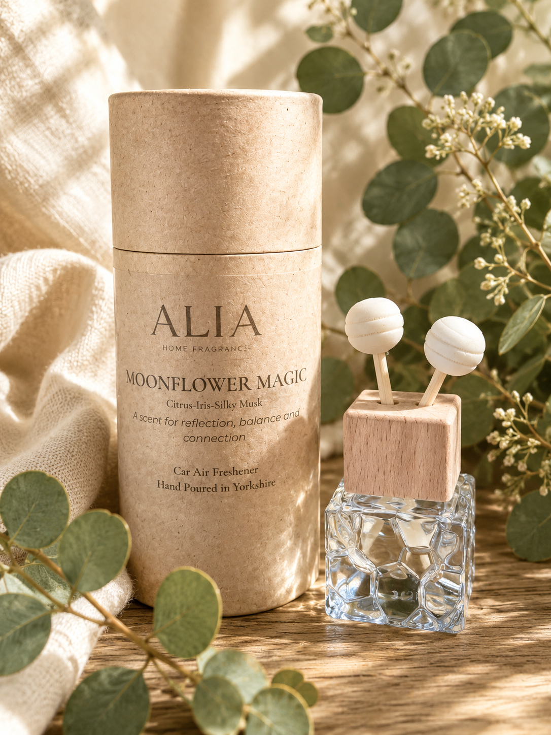 Moonflower Magic Vent Clip Car Air Freshener with soft jasmine, moonflower and creamy musk fragrance designed for car vent airflow diffusion.