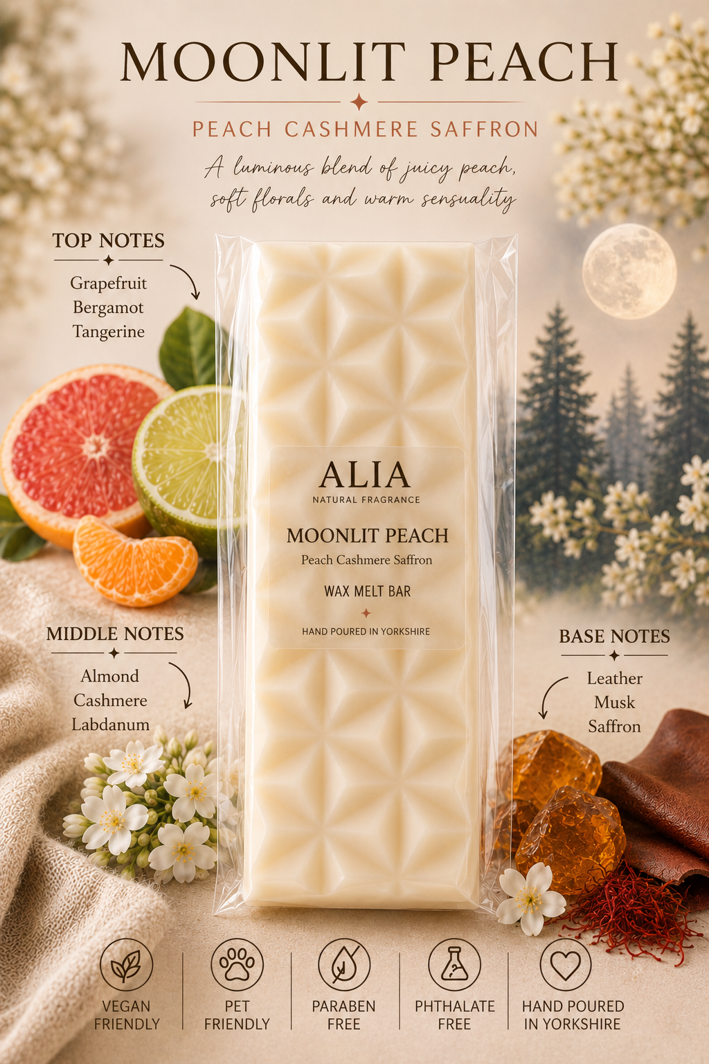 Moonlit Peach wax melt bar by ALIA Natural Fragrance showcasing fragrance notes of juicy peach, soft cashmere and warm saffron. Hand poured in Yorkshire, vegan-friendly, paraben-free and phthalate-free home fragrance with elegant botanical styling.