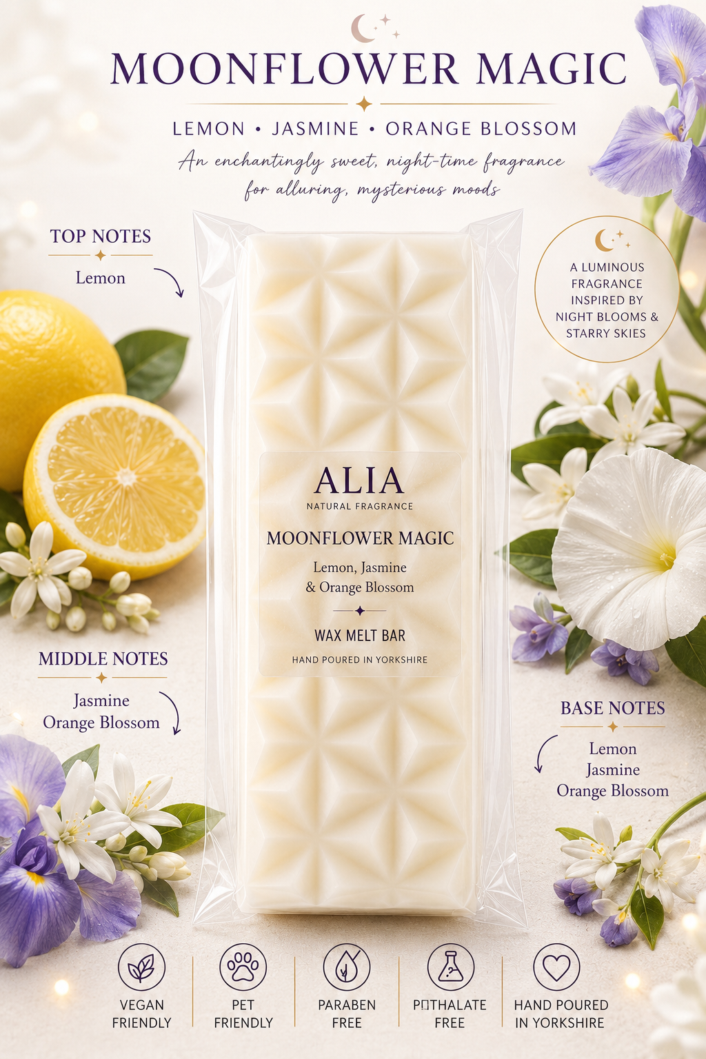Moonflower Magic wax melt bar by ALIA Natural Fragrance with lemon, jasmine and orange blossom notes. Hand poured in Yorkshire, vegan-friendly, paraben-free and phthalate-free home fragrance with elegant floral and citrus styling.